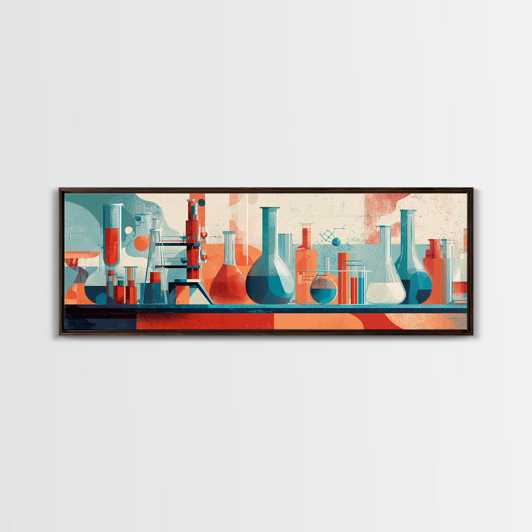 Teal And Coral Science Lab Framed Canvas Print, Mid Century Modern Chemistry Wall Art, Retro Abstract Office Decor Poster