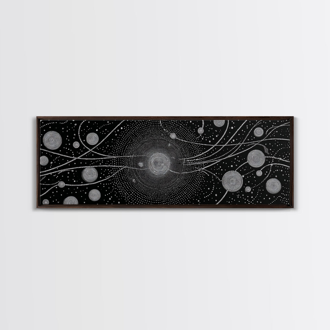 Black And White Particle Galaxy Framed Canvas Print, Modern Abstract Art, Sci Fi Space Wall Decor, Minimalist Office Poster