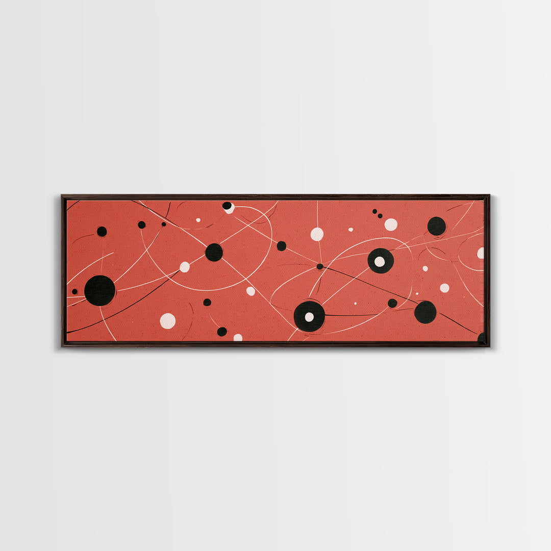 Coral Atomic Orbit Abstract With Black And White Dots, Midcentury Modern Wall Art, Retro Space Poster, MCM Home Decor, Large Canvas Print