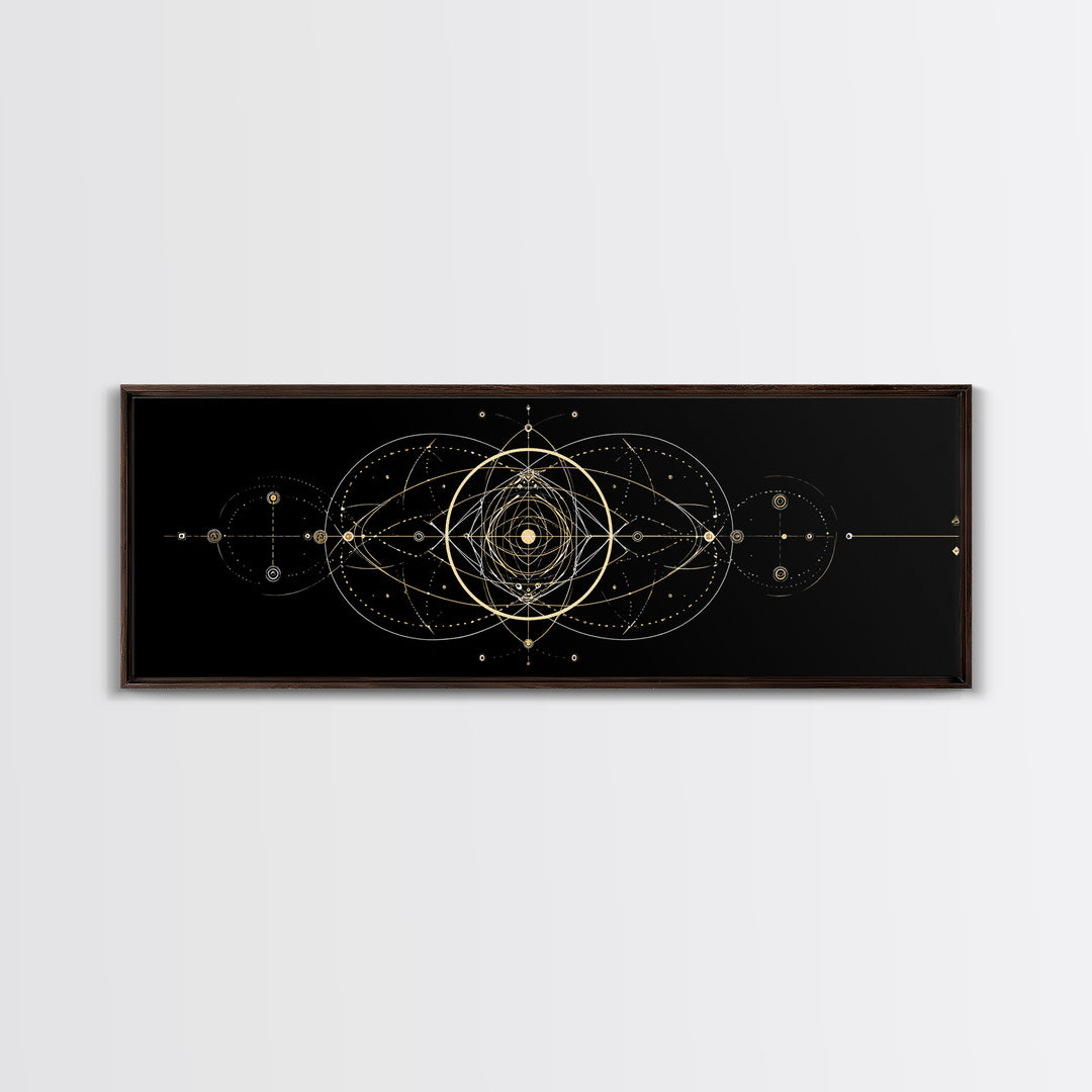 Gold Sacred Geometry Mandala On Black, Spiritual Wall Art, Modern Abstract Art Print, Celestial Framed Canvas Print, Home Decor