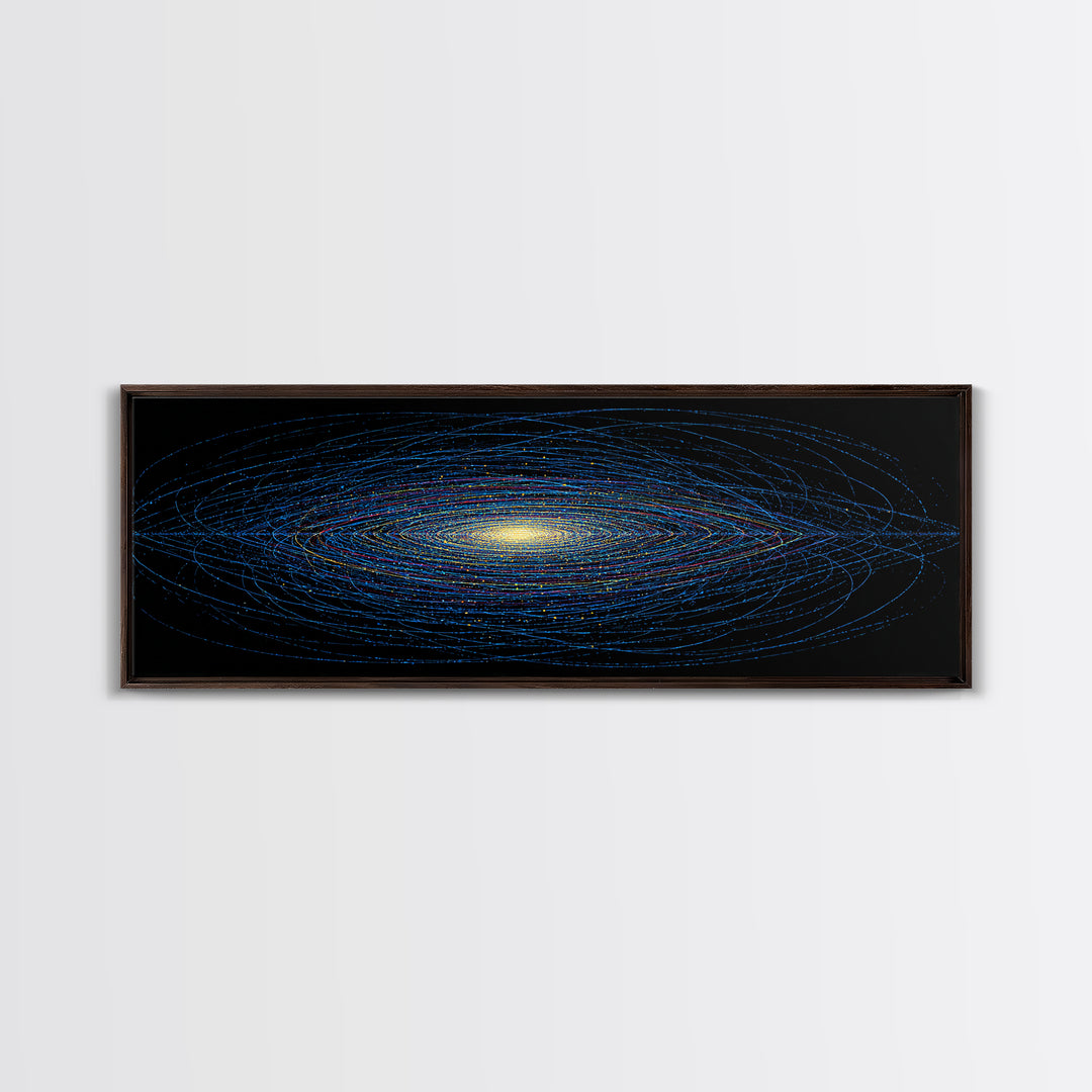 Blue Orbital Galaxy Lines On Black With Yellow Center, Space Abstract Wall Art, Modern Digital Art Print, Sci Fi Canvas Print