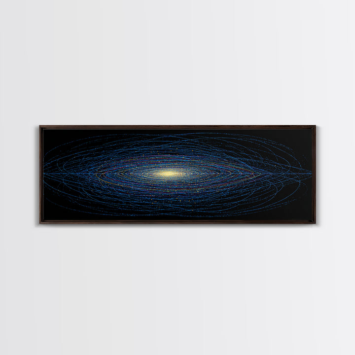 Blue Orbital Galaxy Lines On Black With Yellow Center, Space Abstract Wall Art, Modern Digital Art Print, Sci Fi Canvas Print
