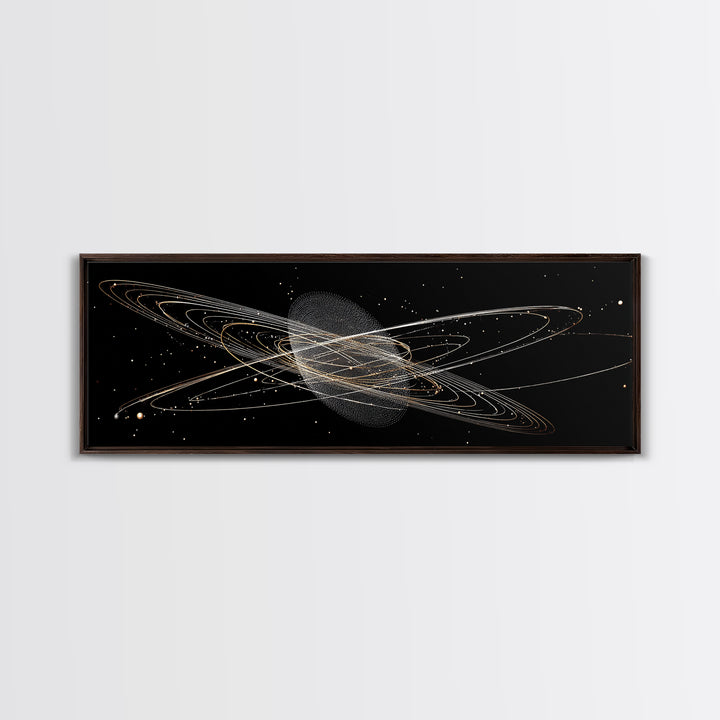 Golden Saturn Orbit Particle Rings On Black, Cosmic Wall Art, Modern Abstract Art Print, Space Framed Canvas Print, For Office Decor