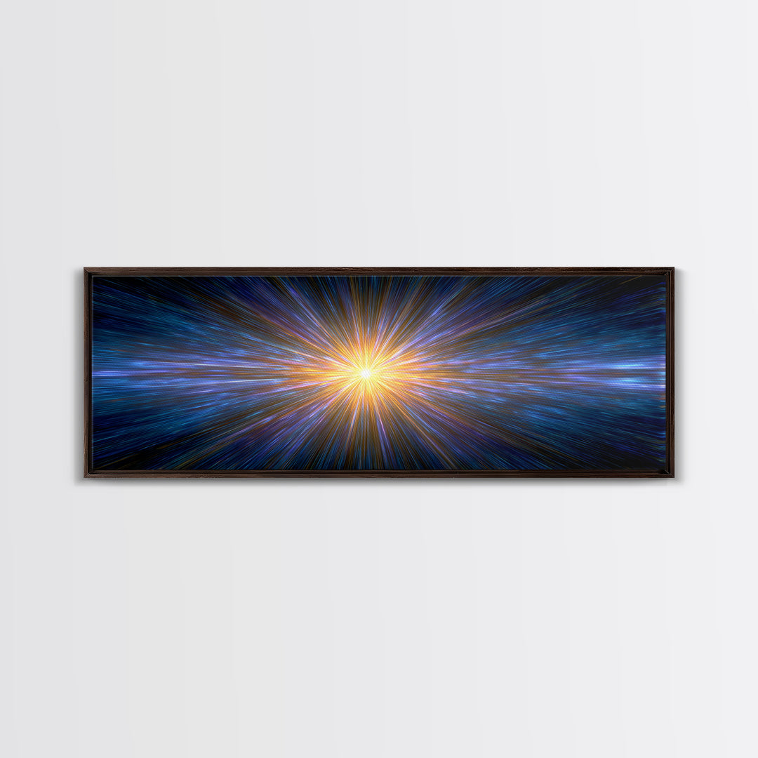 Radiant Blue And Gold Light Burst Horizon, Space Abstract Wall Art, Modern Digital Art Print, Sci Fi Canvas Print For Home