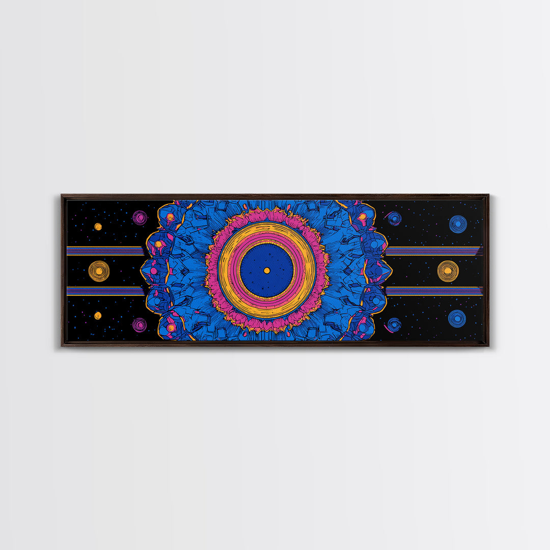Blue Pink Cosmic Mandala Canvas Print, Psychedelic Abstract Wall Art, Retro Space Poster, Modern Geometric Home Decor Print