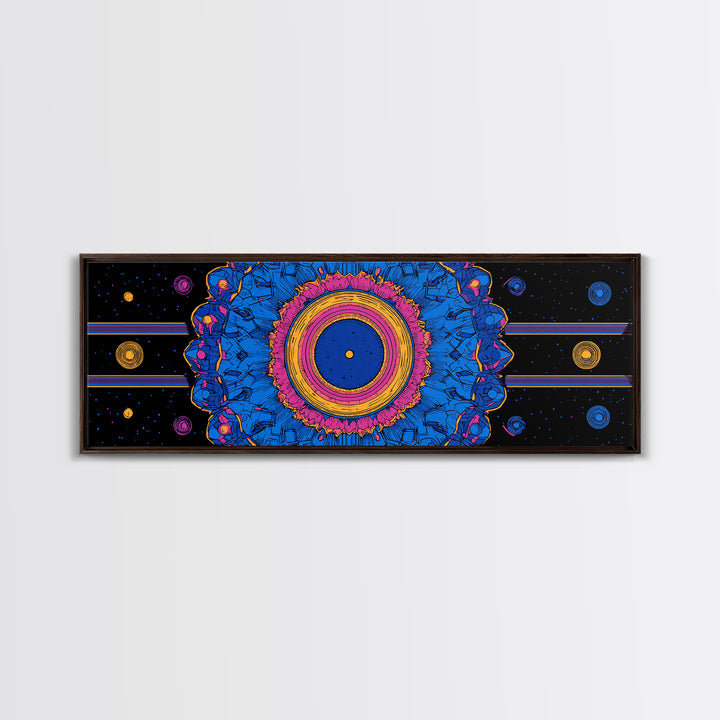 Blue Pink Cosmic Mandala Canvas Print, Psychedelic Abstract Wall Art, Retro Space Poster, Modern Geometric Home Decor Print