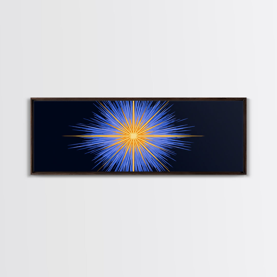 Blue Orange Radiant Starburst Canvas Print, Modern Abstract Wall Art, Cosmic Space Poster, Bold Geometric Living Room Decor