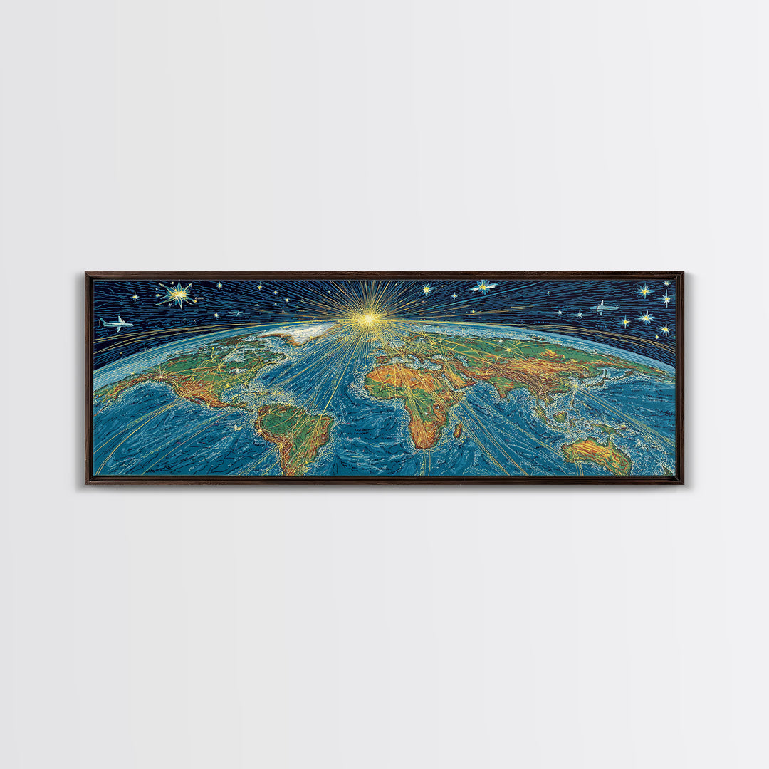 Radiant Earth From Space Wall Art, Midcentury Modern Map Poster, Cosmic Retro Illustration Canvas Print, Blue Home Decor
