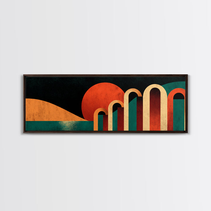 Desert Sunset With Teal Horizon And Retro Arches Canvas Print, Mid Century Modern Wall Decor, MCM Abstract Orange Art Poster