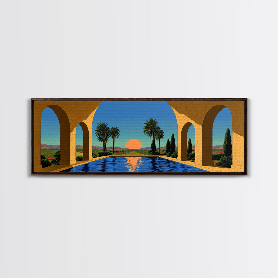 Palm Springs Pool With Golden Arches And Sunset Framed Canvas Print, Mid Century Modern Travel Poster Large Wall Art Decor