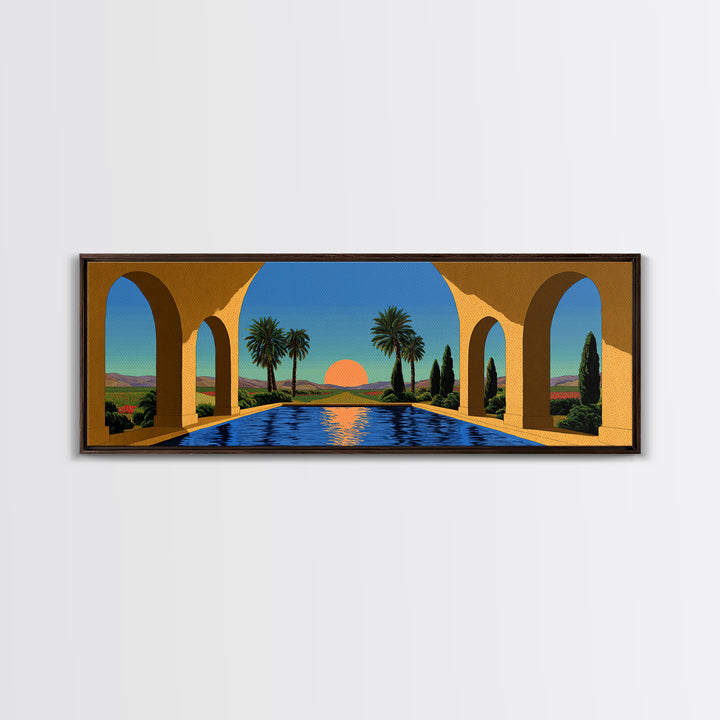 Palm Springs Pool With Golden Arches And Sunset Framed Canvas Print, Mid Century Modern Travel Poster Large Wall Art Decor