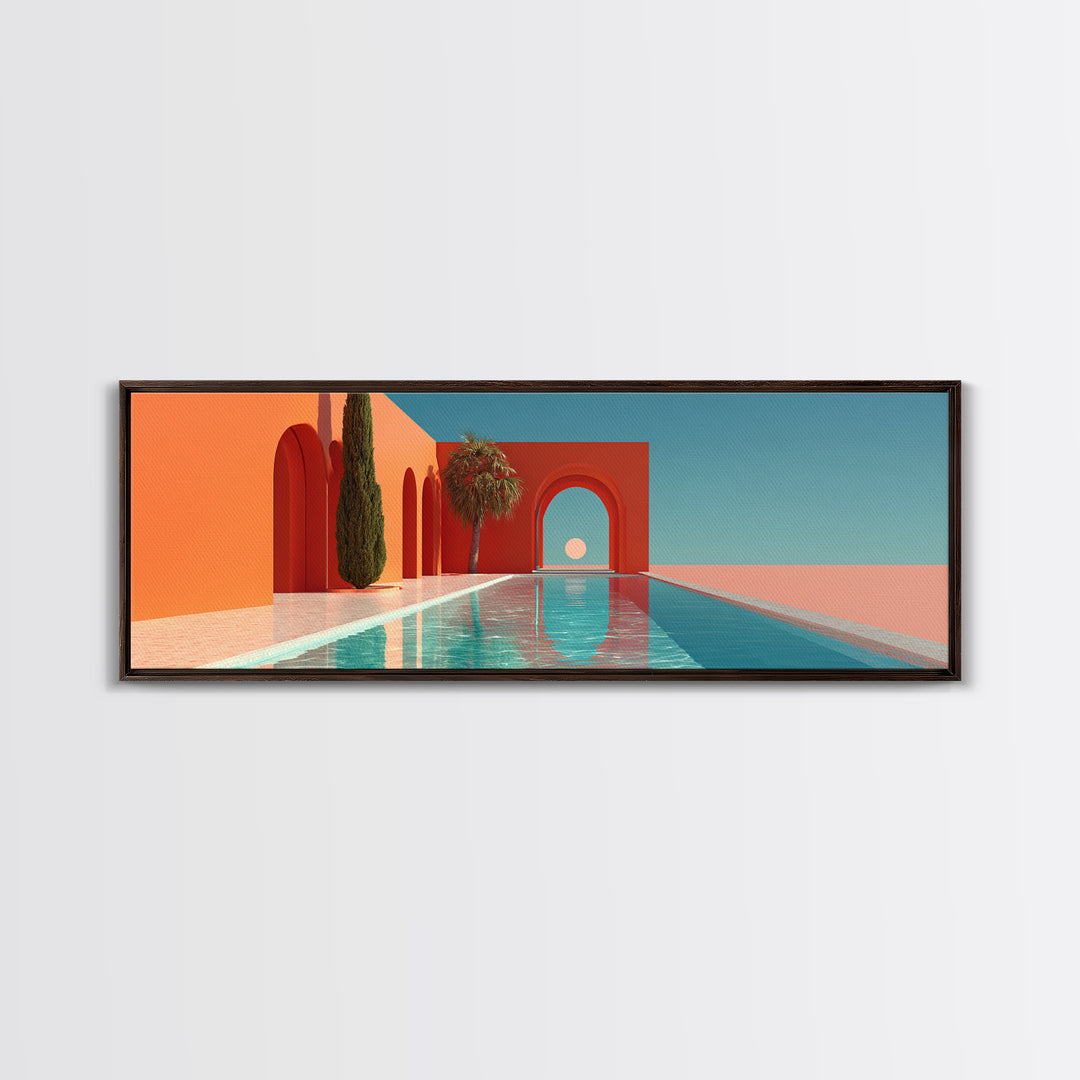 Red Arch Pool With Cypress Trees And Aqua Sky Canvas Print, Minimalist Mid Century Modern Wall Art, Palm Springs Decor Poster