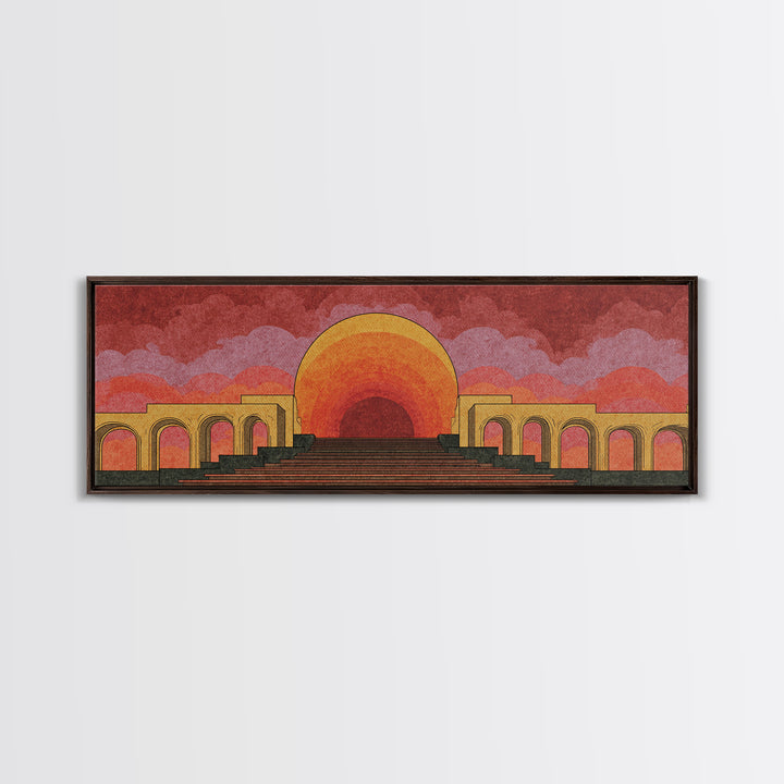 Monumental Sunset Theater With Arches And Stone Steps Canvas Print, Retro Mid Century Modern Wall Art, Orange Landscape Poster