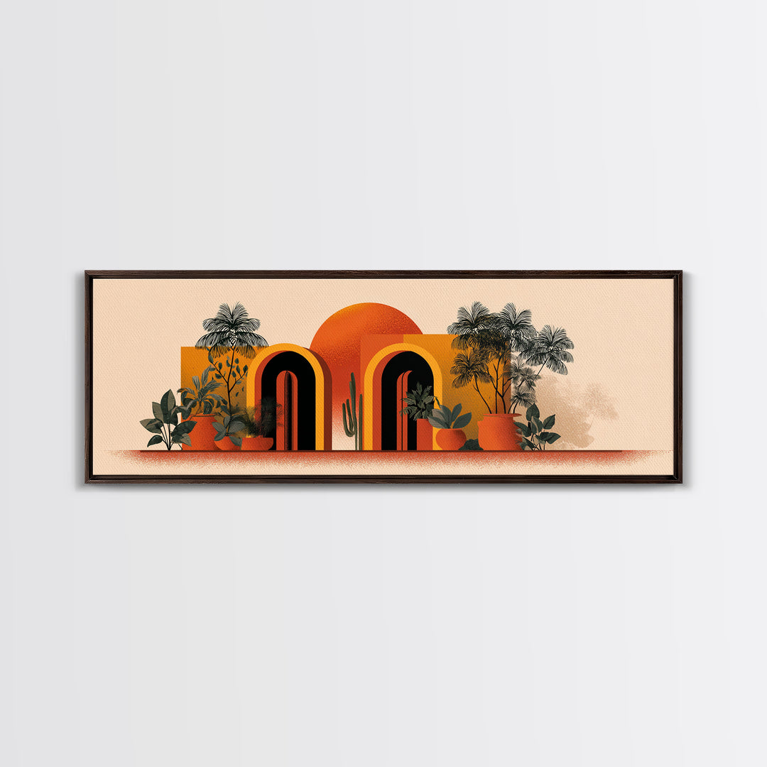Potted Plants With Orange Sun And Rainbow Arched Doors Wall Art, Mid Century Modern Botanical Decor, MCM Desert Poster Print