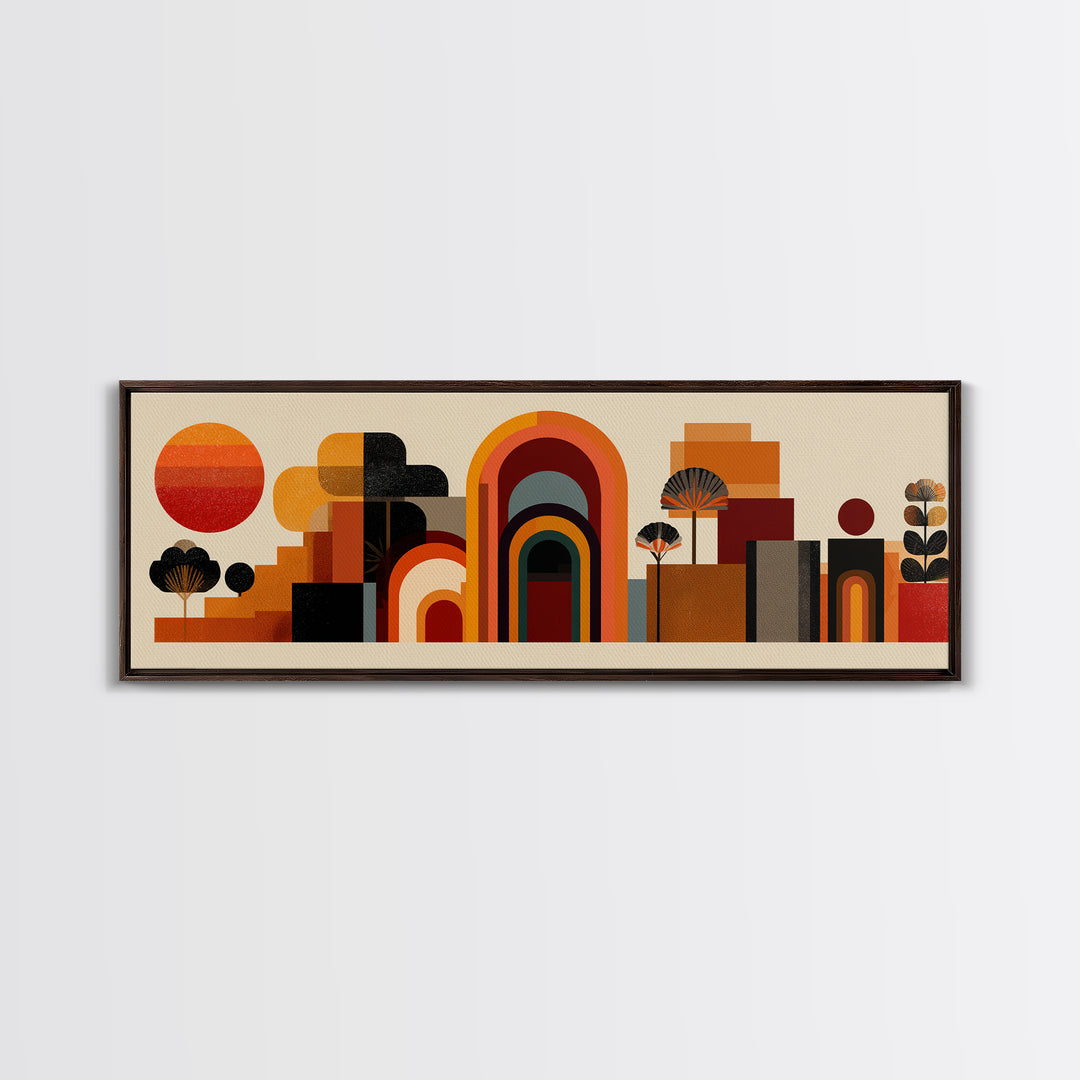 Abstract Desert Village With Arches, Sun, And Potted Plants Canvas Print, Mid Century Modern Wall Art, Geometric MCM Decor