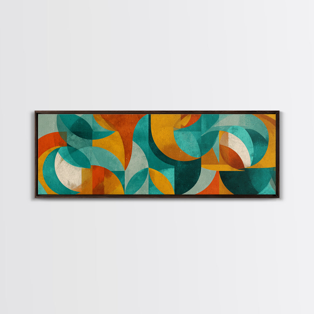 Teal Ochre Geometric Circles And Transparent Shapes Wall Art, Mid Century Modern Abstract Print, Bauhaus Colorblock Decor