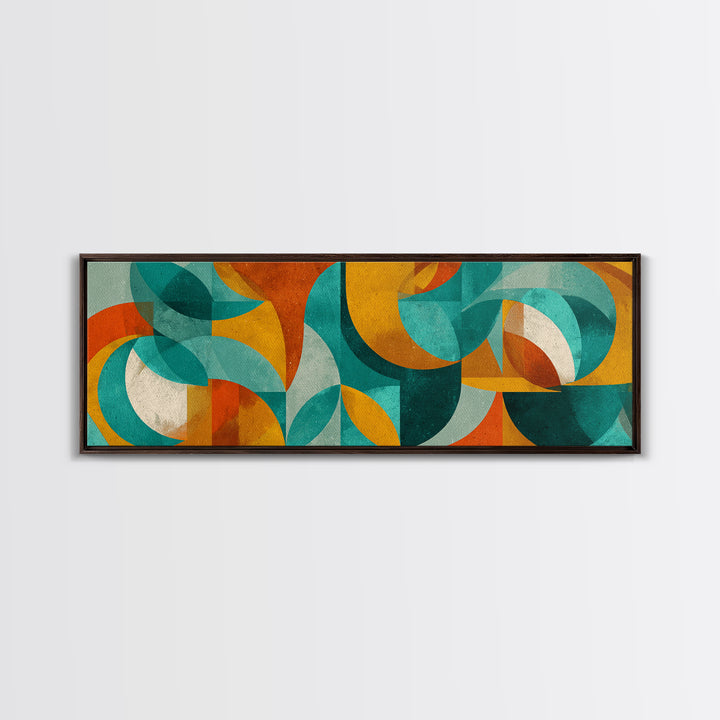 Teal Ochre Geometric Circles And Transparent Shapes Wall Art, Mid Century Modern Abstract Print, Bauhaus Colorblock Decor