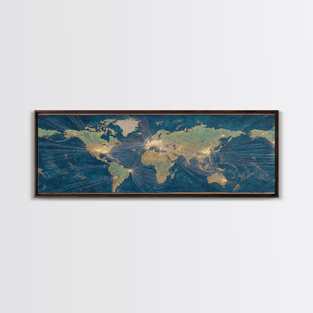 Blue Gold World Map Wall Art, Midcentury Modern Travel Poster, Geometric Global Lines Canvas Print, Office Wall Decor, Gift