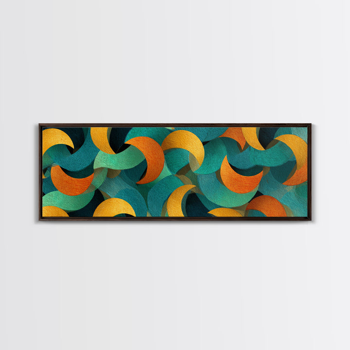 Layered Teal Orange And Gold Crescent Moon Shapes Canvas Print, Retro Mid Century Modern Wall Art, Abstract Pattern Decor