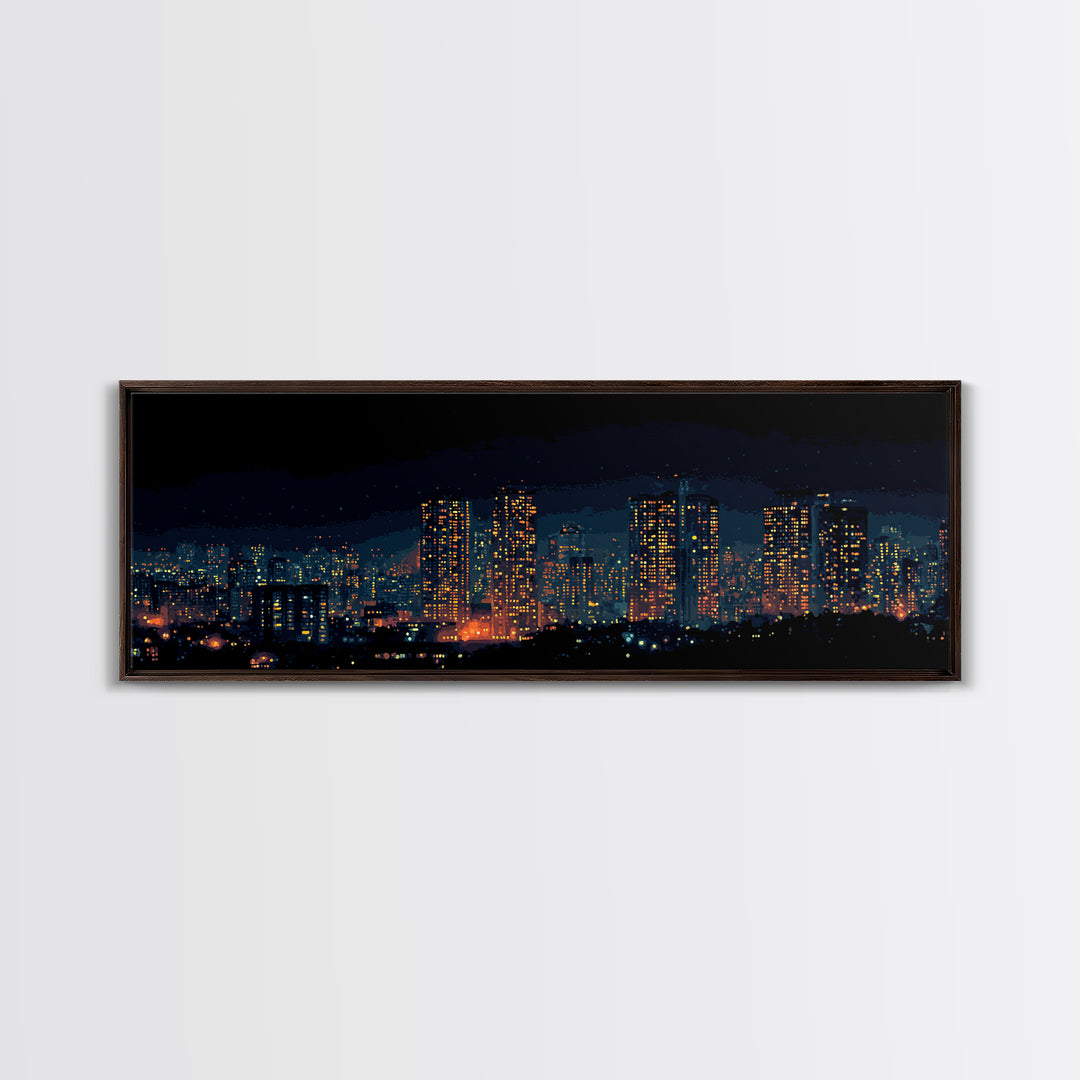 Glowing Night City Skyline Wall Art, Modern Urban Photography Print, Skyscraper Lights Poster, Apartment Living Room Decor