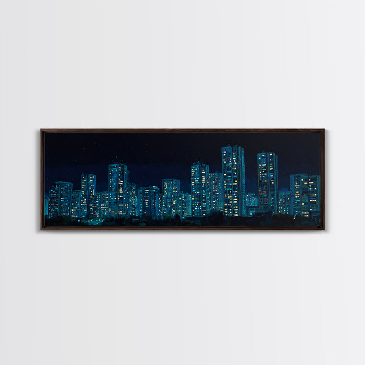 Blue Neon Night Skyline Canvas Print, Modern Cityscape Wall Art, Urban Skyscraper Poster, Contemporary Apartment Living Room Decor