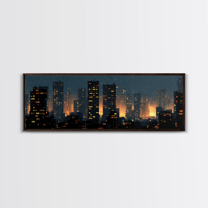 Rainy Night City Silhouette Wall Art, Moody Urban Skyline Print, Modern Skyscraper Lights Poster, Industrial Office Decor