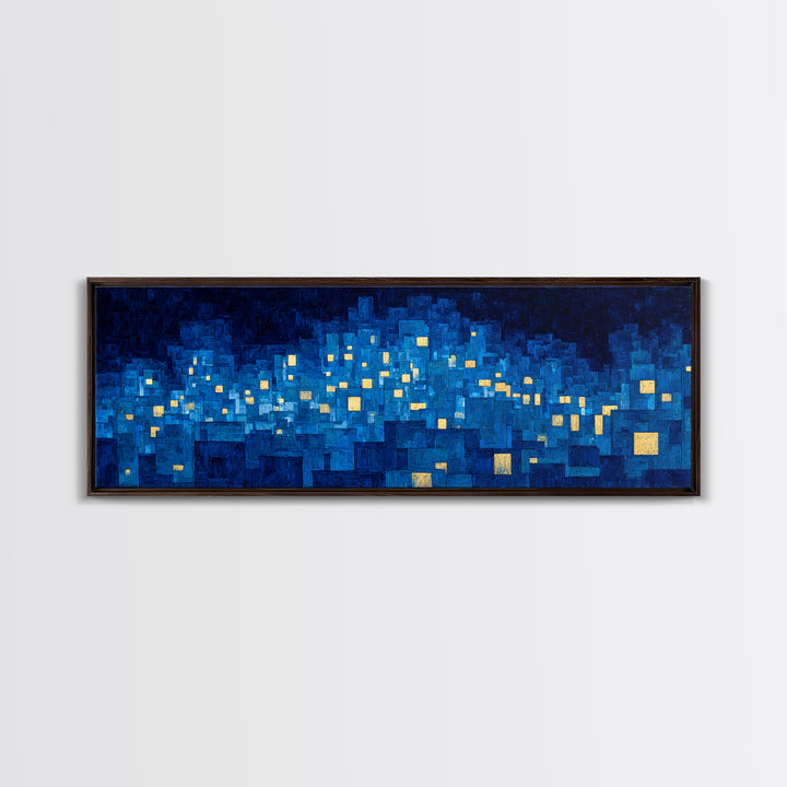 Mosaic Blue City Night Wall Art, Modern Abstract Art Print, Urban Skyline Lights, MCM Wall Decor, Large Living Room Artwork
