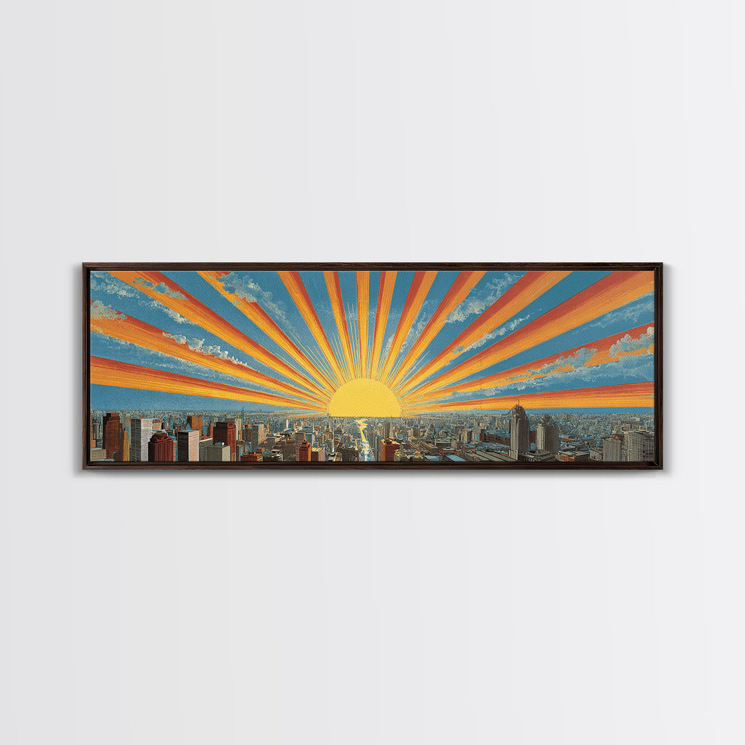 Radiant Sunrise City Skyline Framed Canvas Print, Panoramic Retro Travel Poster, Midcentury Modern Wall Art, Bright Home Decor