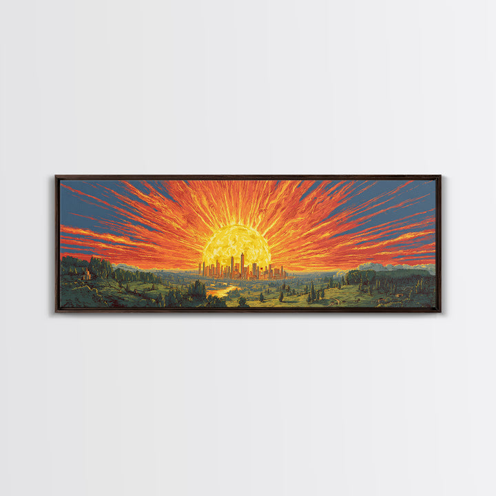 Fiery Solar Cityscape Canvas Print, Panoramic Apocalypse Sunset Poster, Bold Modern Abstract Art, Orange Wall Decor For Home