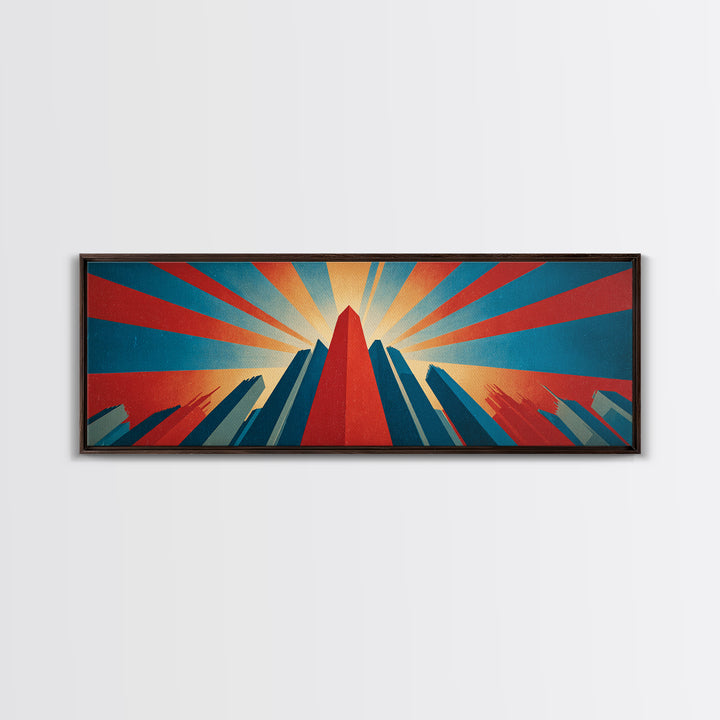 Dramatic Art Deco Skyscraper Wall Art, Panoramic Sunburst City Poster, Retro Modern Art Print, Bold Office Wall Decor Gift