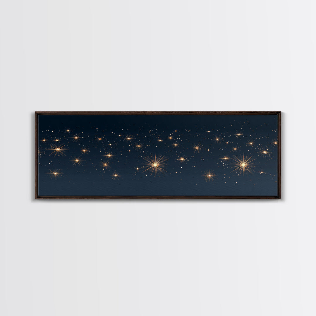 Warm Gold Starry Night Canvas Print, Cosmic Modern Wall Art, Navy Celestial Space Decor, Elegant Bedroom And Home Office Poster Gift