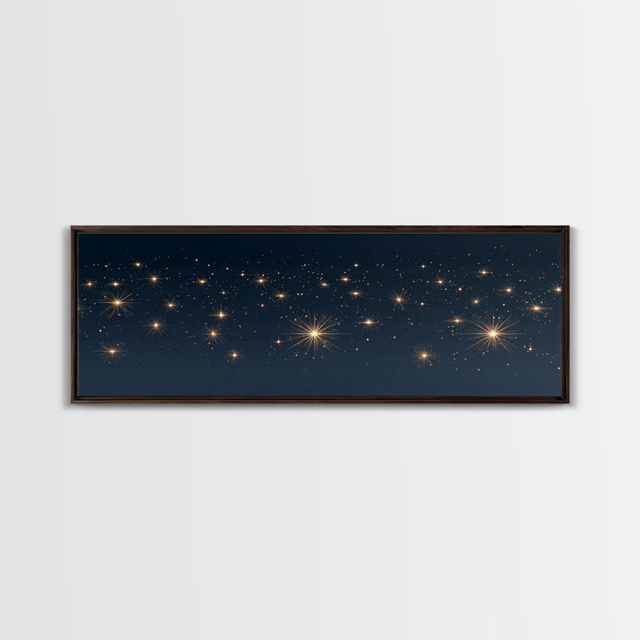 Warm Gold Starry Night Canvas Print, Cosmic Modern Wall Art, Navy Celestial Space Decor, Elegant Bedroom And Home Office Poster Gift