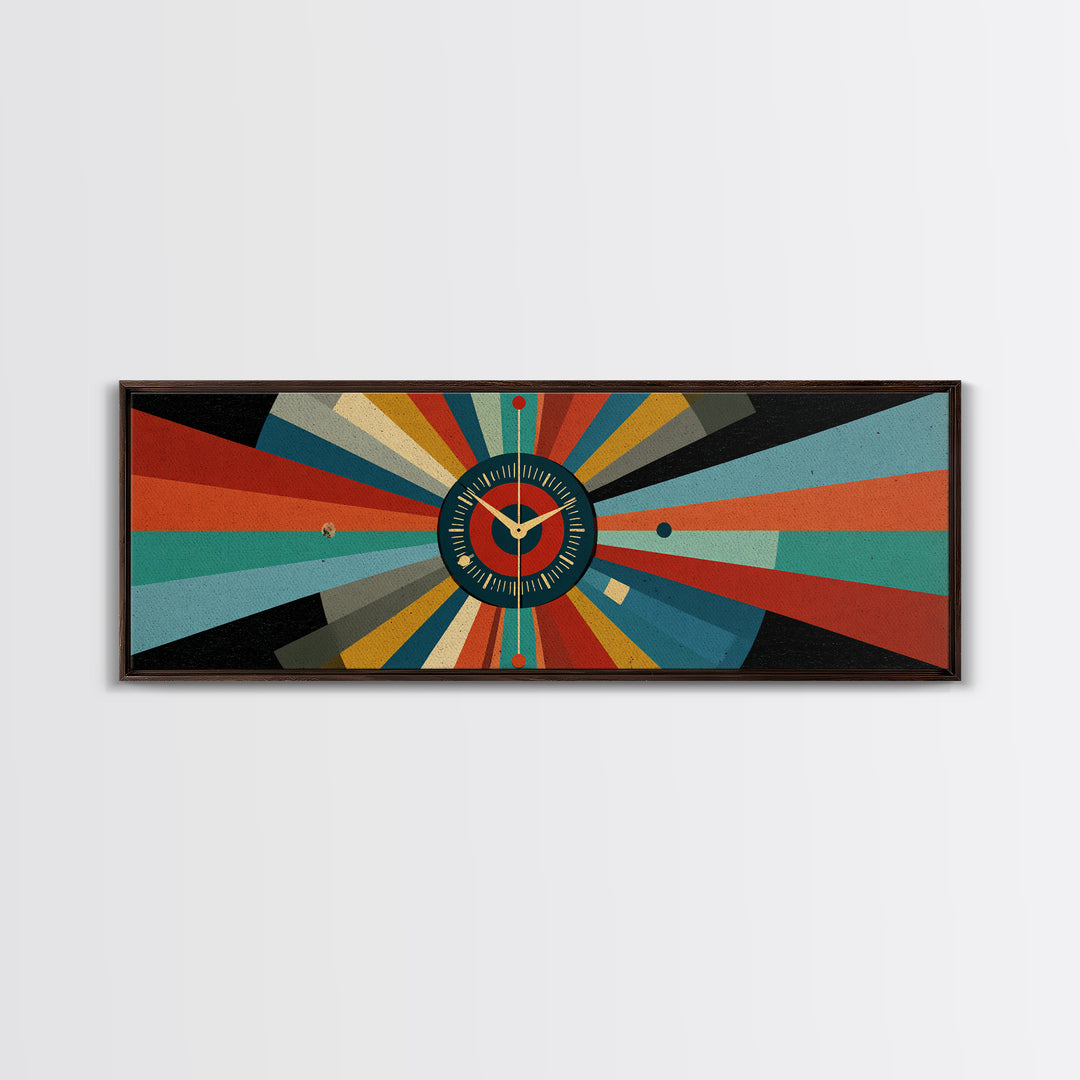 Atomic Clock Sunburst Wall Art, Midcentury Modern Canvas, Retro Geometric Poster, MCM Home Decor, Panoramic Abstract Print