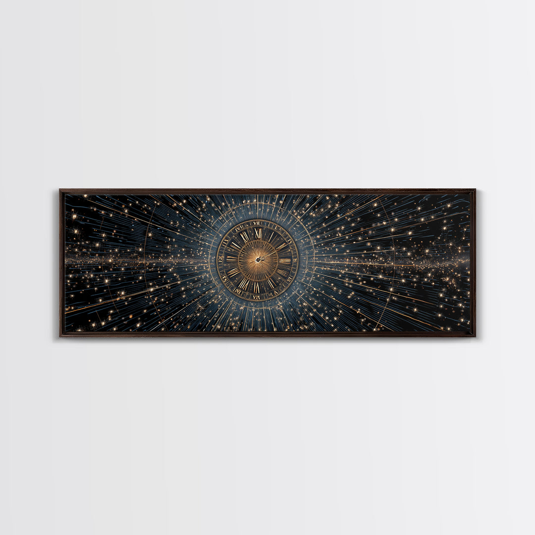 Celestial Clock Time Warp Wall Art, Gold Blue Cosmic Abstract Poster, Modern Space Decor, Panoramic Galaxy Artwork Print