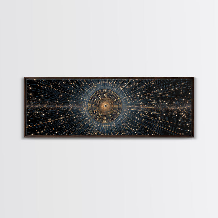 Celestial Clock Time Warp Wall Art, Gold Blue Cosmic Abstract Poster, Modern Space Decor, Panoramic Galaxy Artwork Print