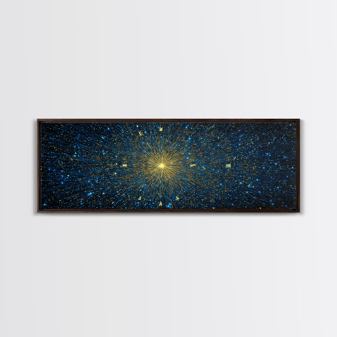 Golden Core Light Speed Canvas Print, Blue Galaxy Abstract Wall Decor, Modern Space Poster, Cosmic Panoramic Digital Artwork
