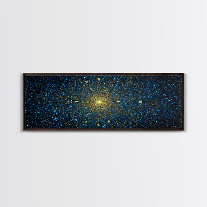 Golden Core Light Speed Canvas Print, Blue Galaxy Abstract Wall Decor, Modern Space Poster, Cosmic Panoramic Digital Artwork