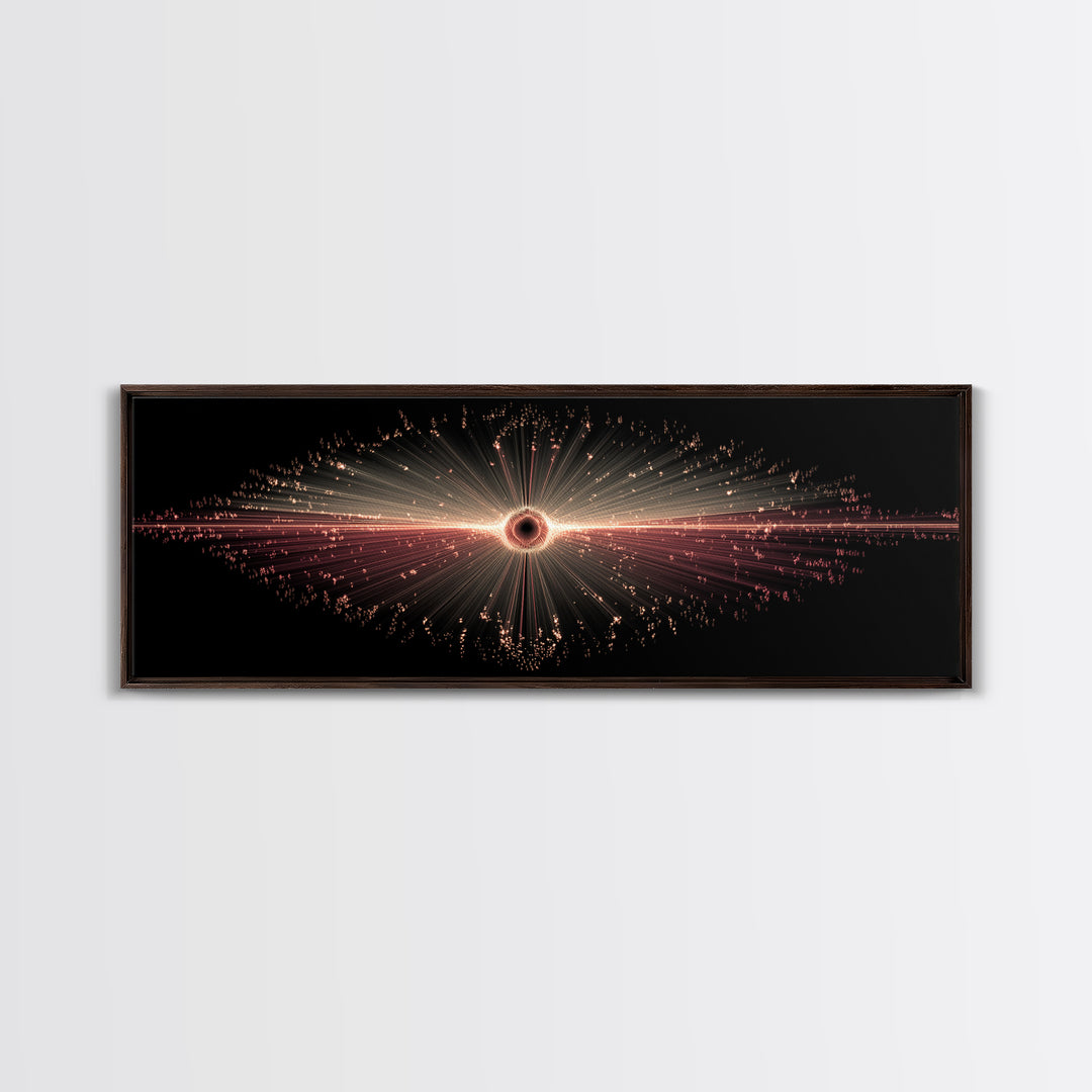 Red Black Hole Particle Burst Framed Canvas Print, Cosmic Retro Wall Art, Modern Abstract Art Print, Dark Space Decor Poster