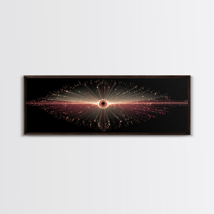 Red Black Hole Particle Burst Framed Canvas Print, Cosmic Retro Wall Art, Modern Abstract Art Print, Dark Space Decor Poster