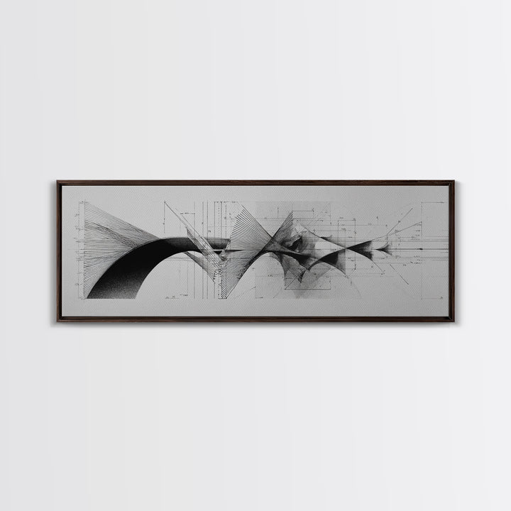 Monochrome Architectural Arcs And Lines Wall Art, Midcentury Modern Abstract Print, Black White Office Decor, Framed Canvas Print