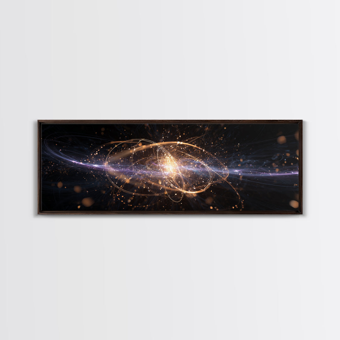 Golden Atomic Particle Burst Wall Art, Futuristic Space Abstract Art, Modern Geometric Wall Decor, Office Art Print And Living Room Decor