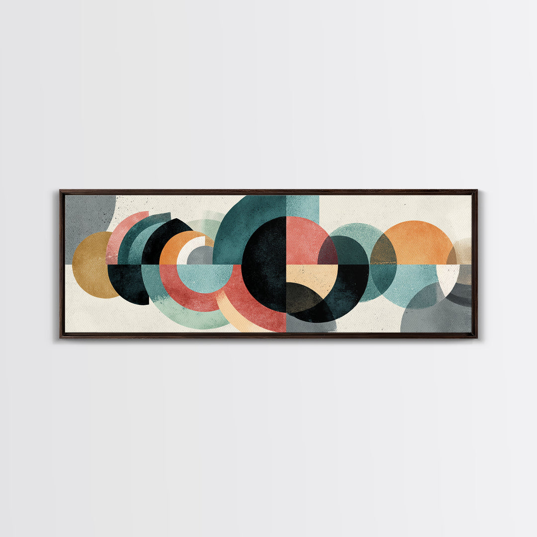 Layered Teal Coral Mustard Circle Wall Art, Midcentury Modern Abstract Art, Bauhaus Geometric Decor, Framed Canvas Print