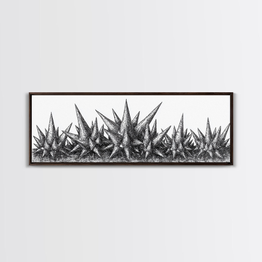 Black Spiky Crystal Landscape Wall Art, Minimalist Abstract Line Art, Monochrome Modern Wall Decor, Framed Canvas Print Gift