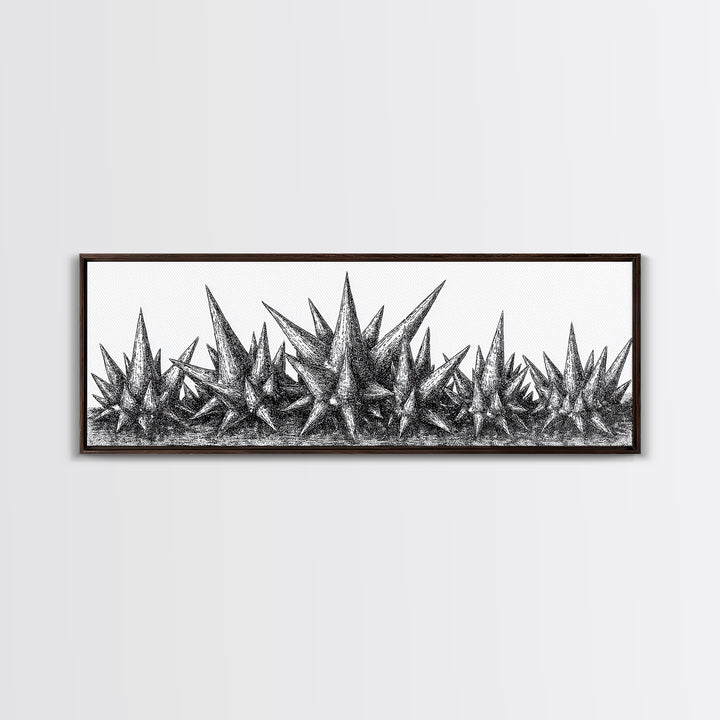 Black Spiky Crystal Landscape Wall Art, Minimalist Abstract Line Art, Monochrome Modern Wall Decor, Framed Canvas Print Gift