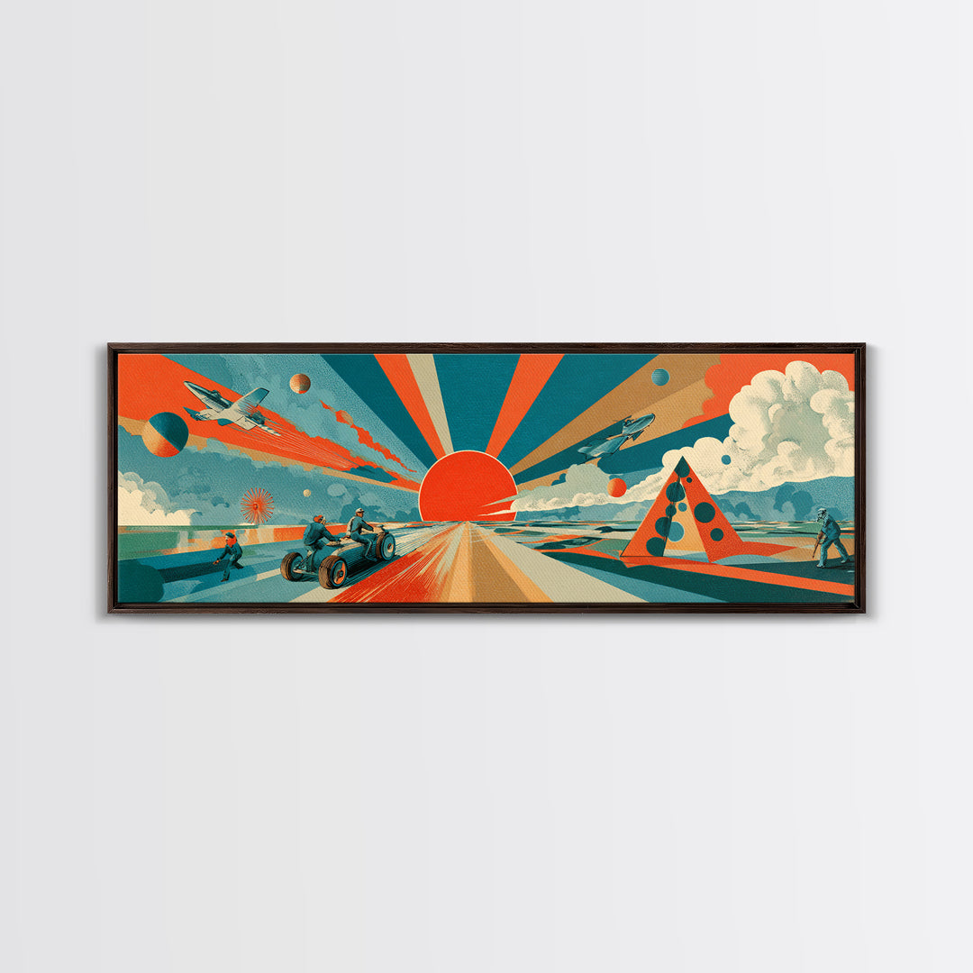 Retro Futurist Desert Sunrise With Jets And Rover Wall Art, Midcentury Modern Space Poster, Atomic MCM Decor, Sci Fi Print