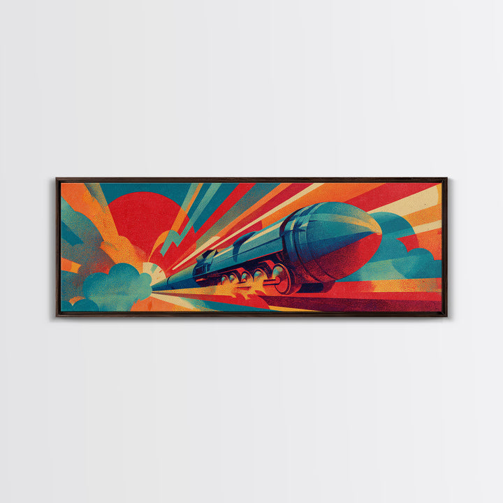 Streamlined Rocket Train Racing Past Red Sun Canvas Print, Midcentury Modern Art, Retro Futuristic Rail Poster, MCM Wall Decor