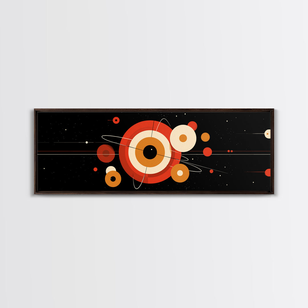 Black Space Abstract With Orange Orbit Circles Wall Art, Midcentury Modern Geometric Print, Atomic MCM Poster, Retro Decor