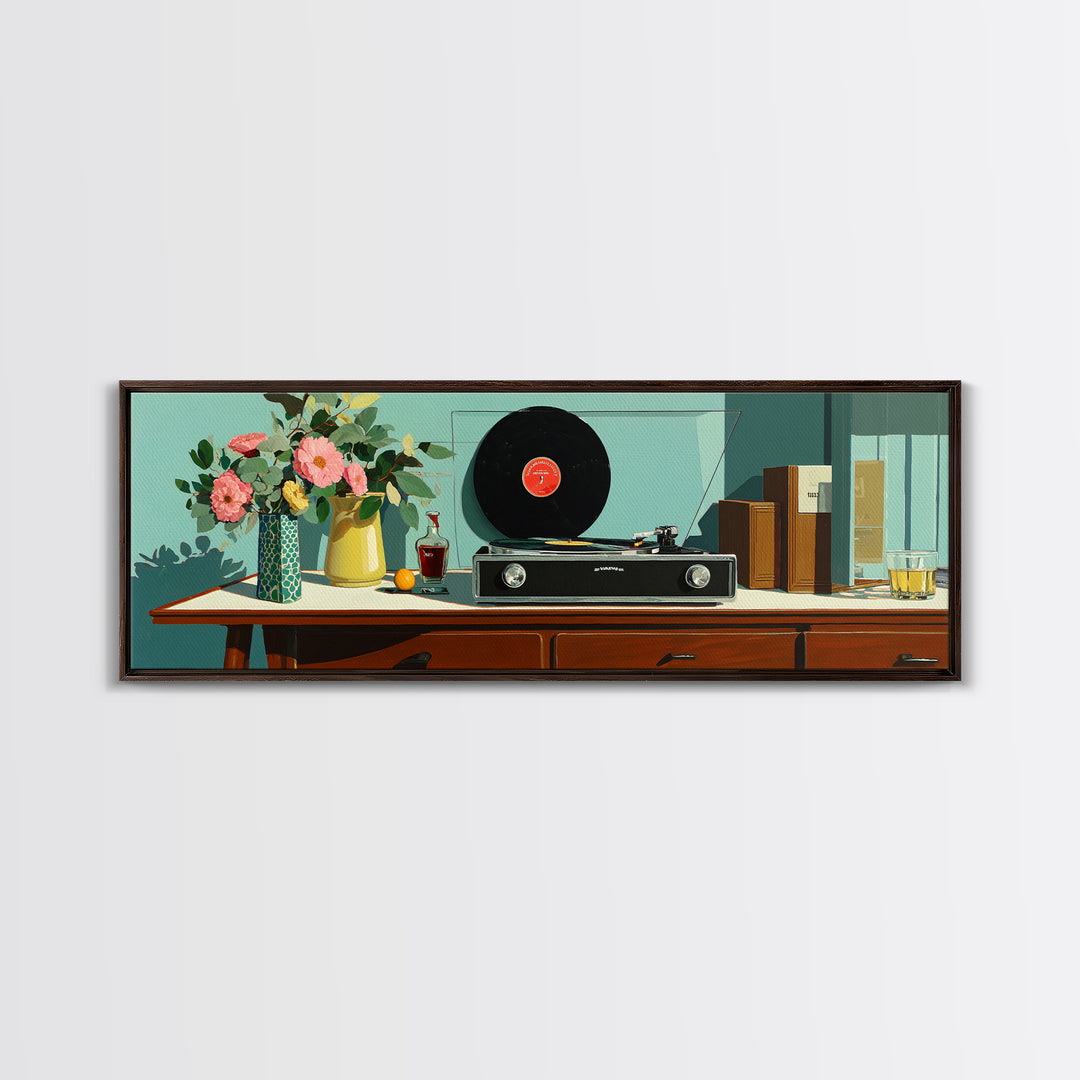 Teal Vinyl And Flower Console Canvas Print, Mid Century Modern Wall Decor, Record Player Art Print, Retro Living Room Decor