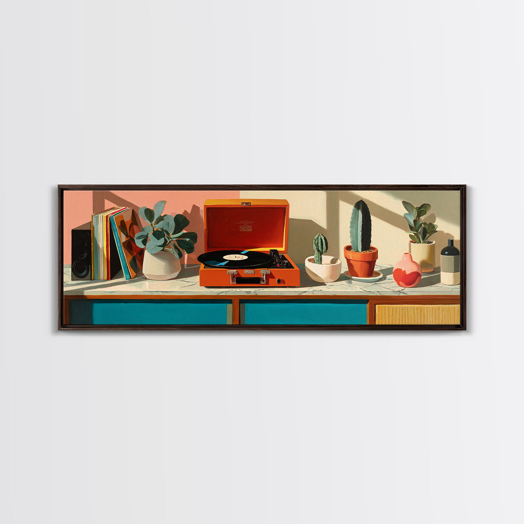 Orange Portable Record Player Wall Art, Mid Century Modern Shelf Decor, Cactus Vinyl Print, Retro Music Room Home Decor Poster