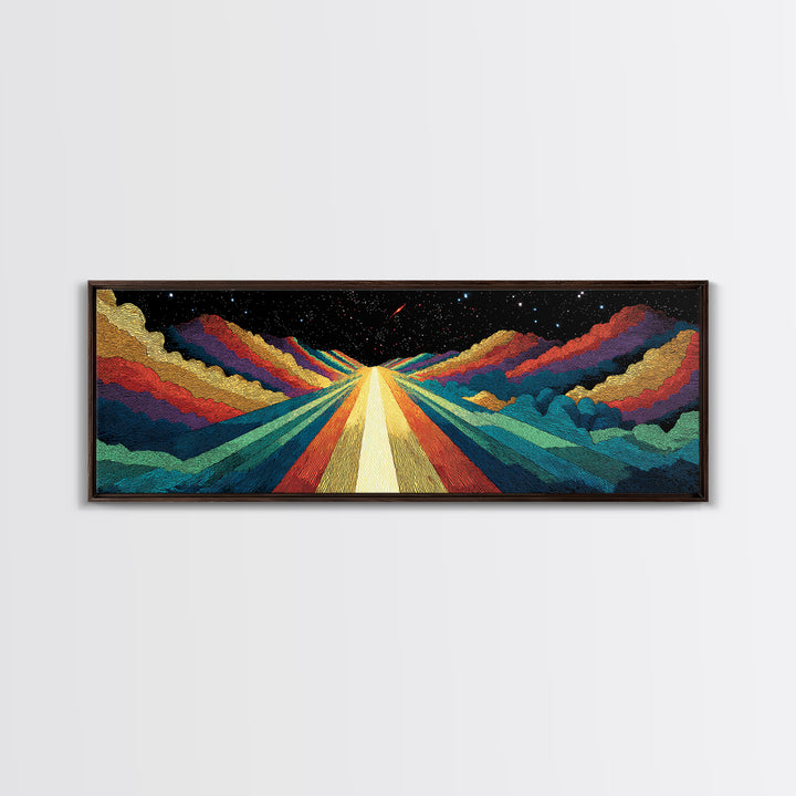 Cosmic Rainbow Mountain Road Canvas Print, Mid Century Modern Space Landscape Art, Retro Sci Fi Wall Decor, Colorful Poster